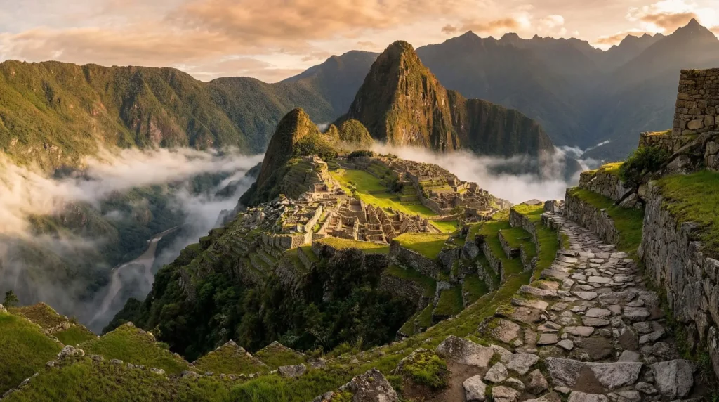Machu Picchu citadel at sunrise with morning mist rising from the Urubamba valley below