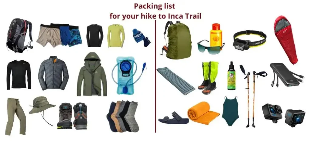 Complete packing list for a 4-day mountain trek including boots poles and thermal gear