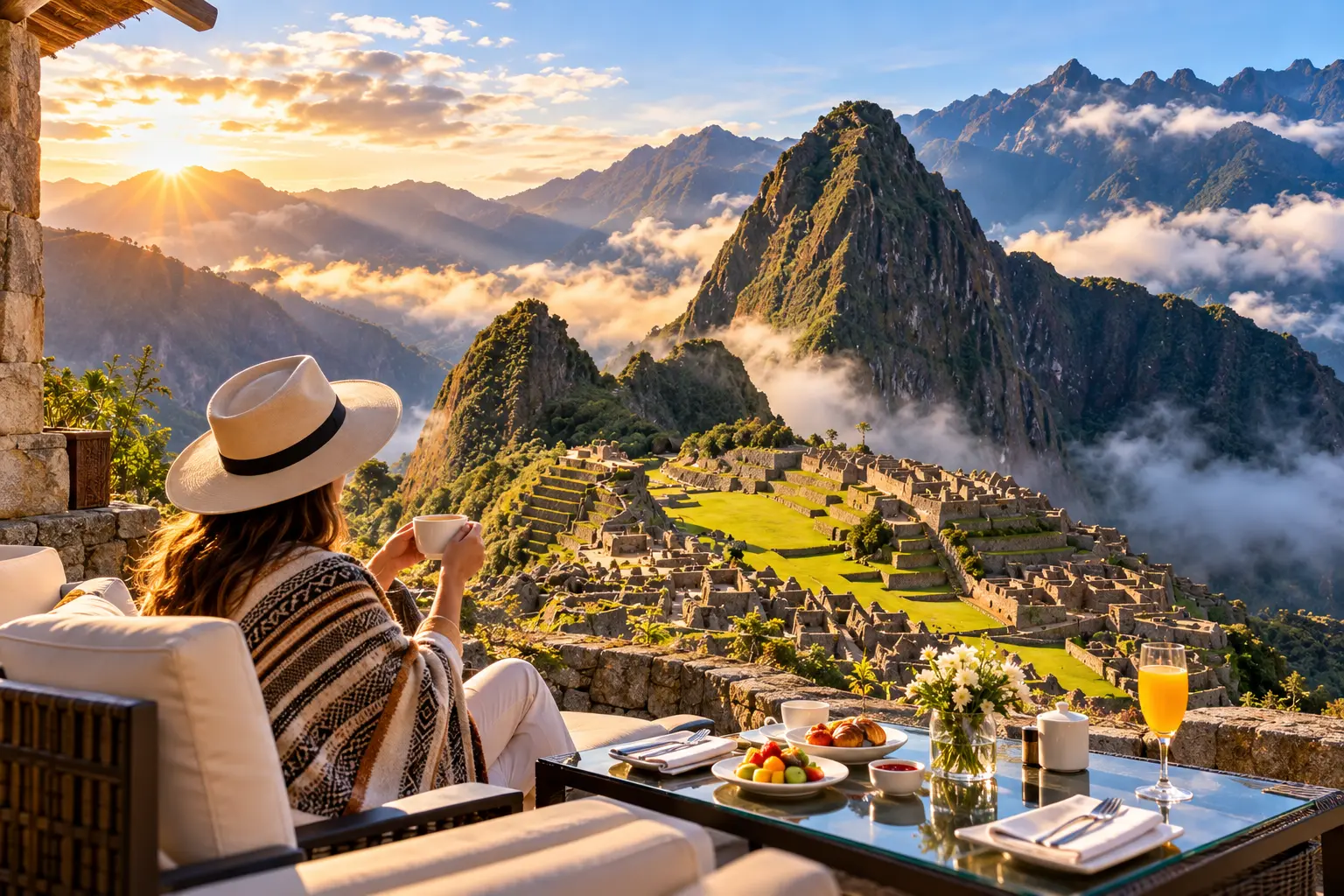 Machu Picchu luxury tours happy couple at the Sun Gate with citadel panorama
